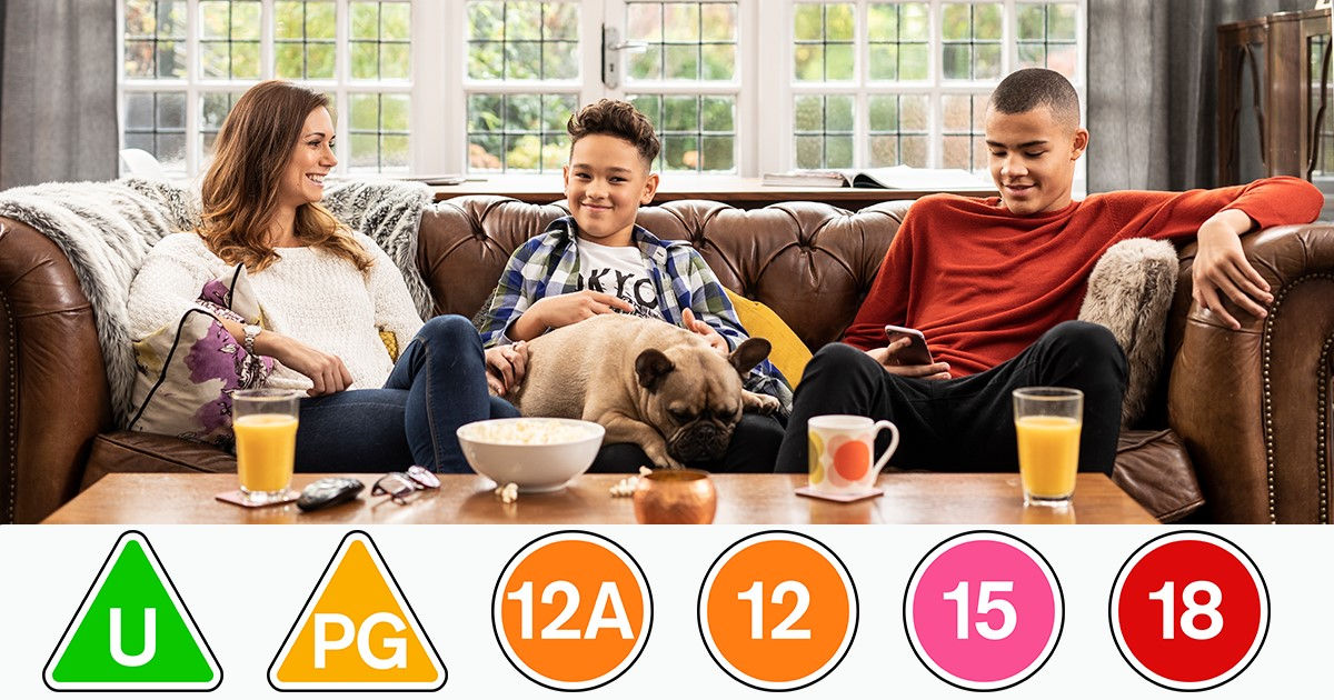 Family with dog and movie rating symbols