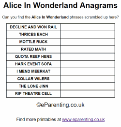Free Printable Alice in Wonderland Anagrams