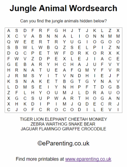 Free Printable Jungle Animals Wordsearch