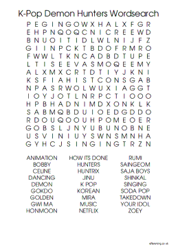K-Pop Demon Hunters Word Search