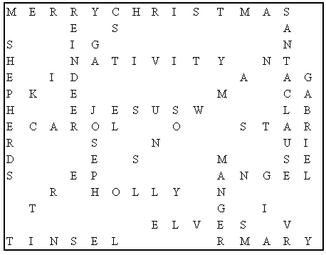 Solution to Christmas Wordsearch